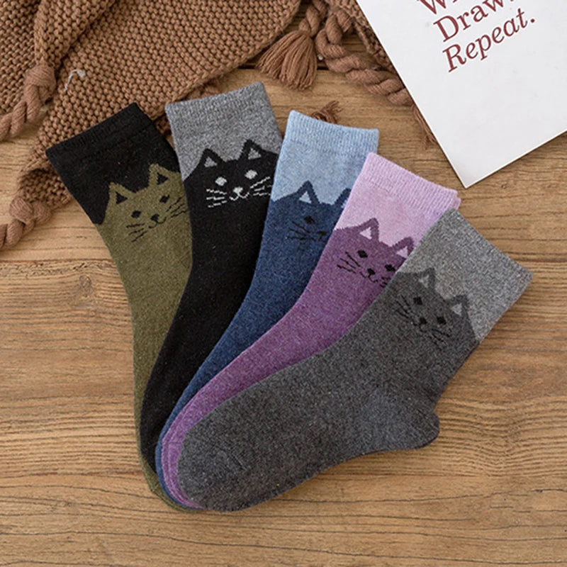 Wool Blend Cat Print Winter Socks Five Pairs - 6
