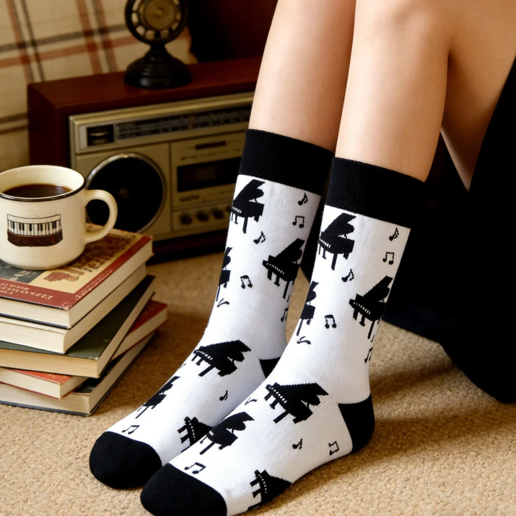 Cotton Blend Mid Calf Piano Pattern Unisex Socks