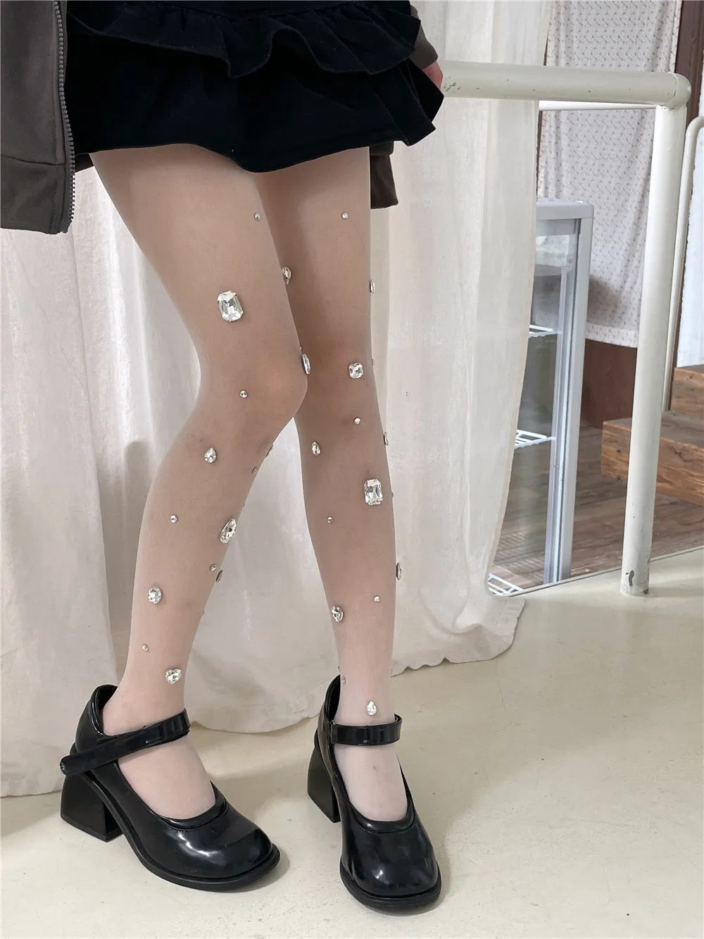 Rhinestone Embellished Nylon Elastic Tights