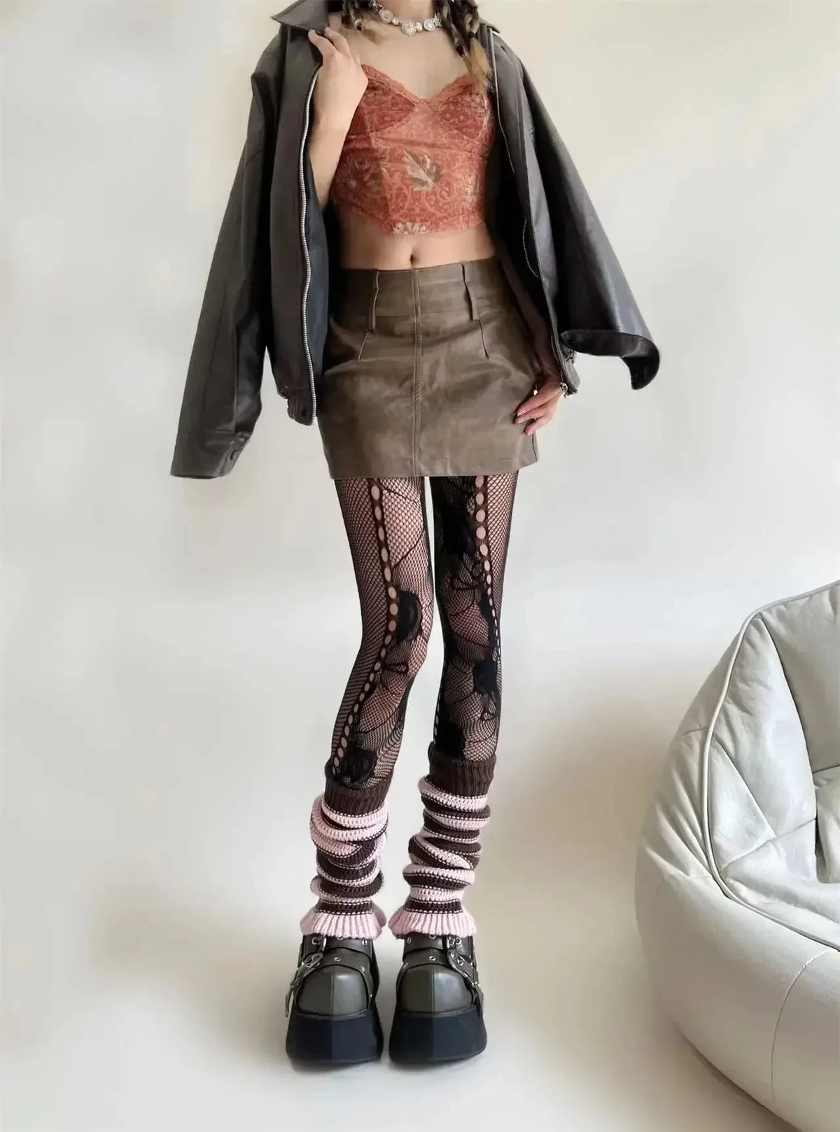 Floral Mesh Nylon Thigh High Pantyhose