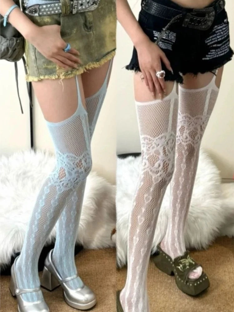 Nylon Elastane Heart Patterned Fishnet Thigh High Stockings - 1