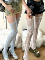 Nylon Elastane Heart Patterned Fishnet Thigh High Stockings