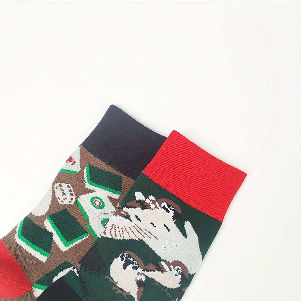 Cotton Blend Mahjong Sparrow Print Mid Calf Casual Socks