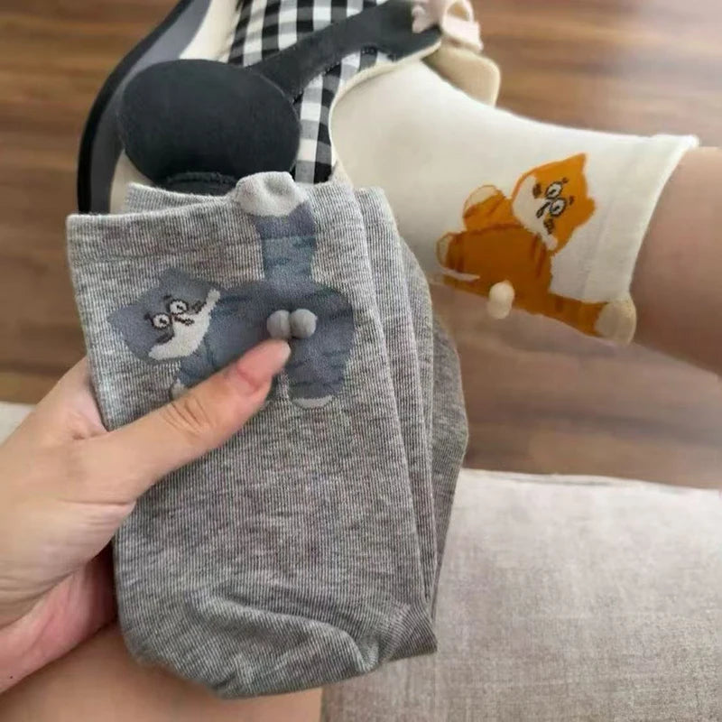 Polyester Elastane Kitten Pattern Mid Tube Socks