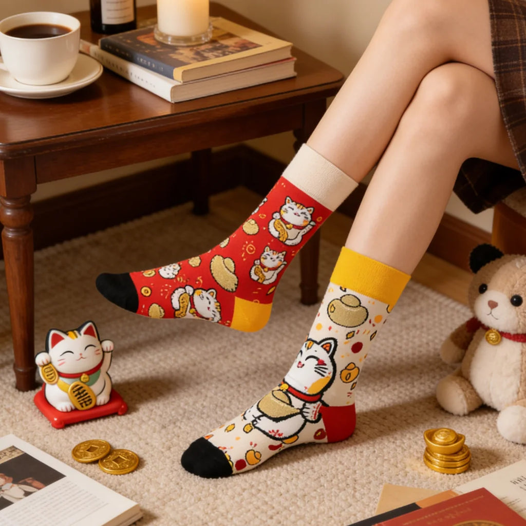 Cotton Blend Mid Calf Lucky Cat Cartoon Socks