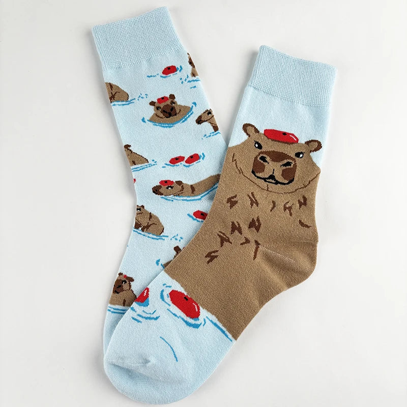 Cotton Blend Capybara Print Mid Calf Casual Crew Socks