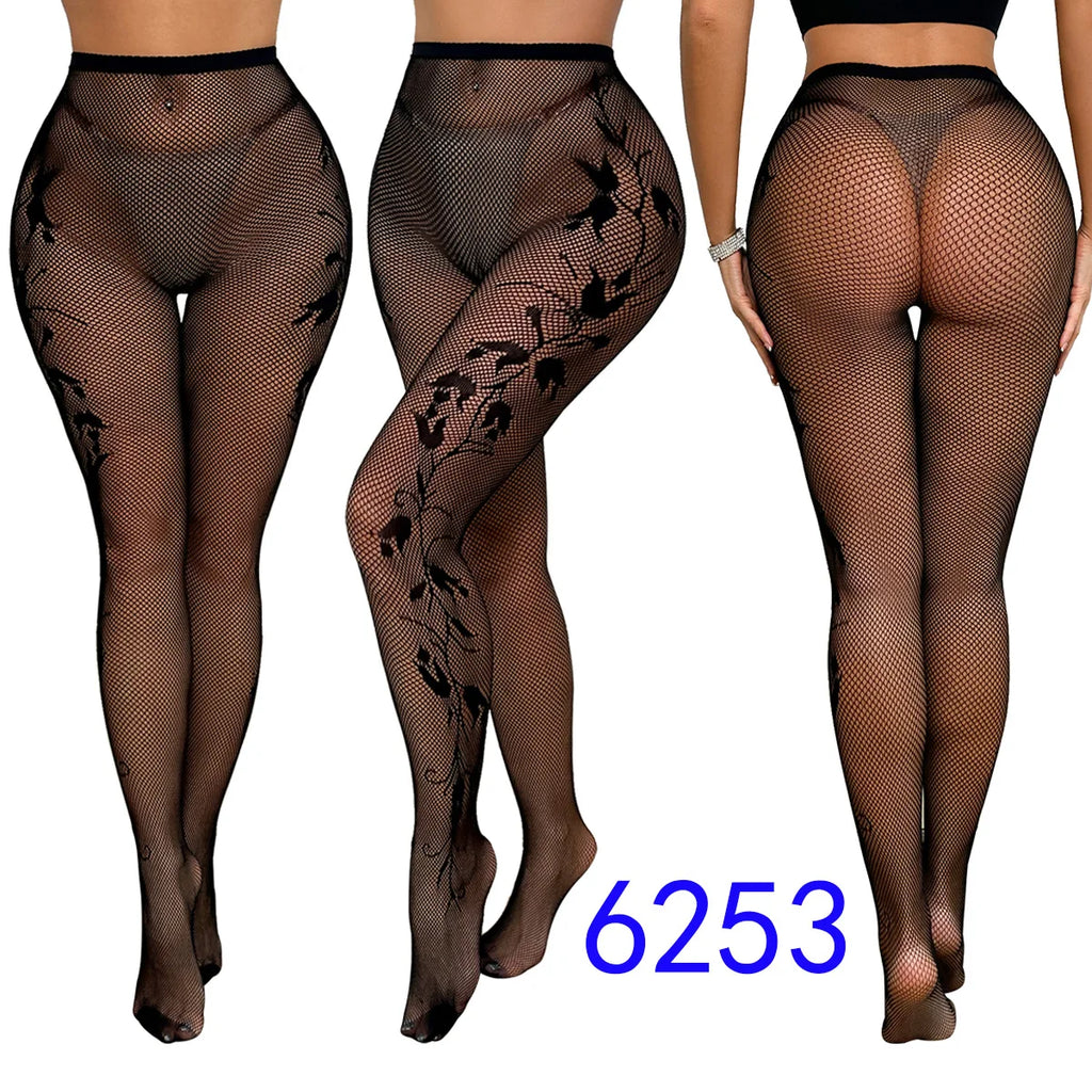 Floral Pattern Nylon Mesh Pantyhose One Size