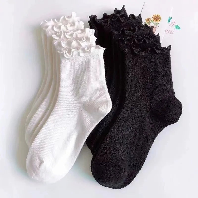 Polyester Elastane Ruffle Trim Mid Tube Socks for Women