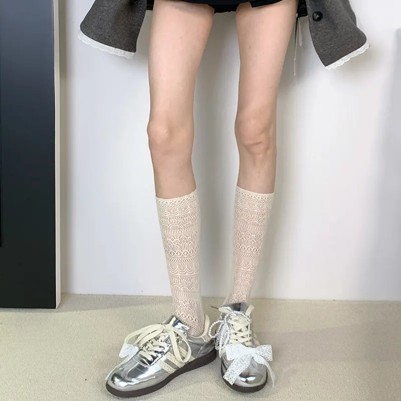 Floral Mesh Crew Socks Women Polyester Mid Tube Casual Hosiery