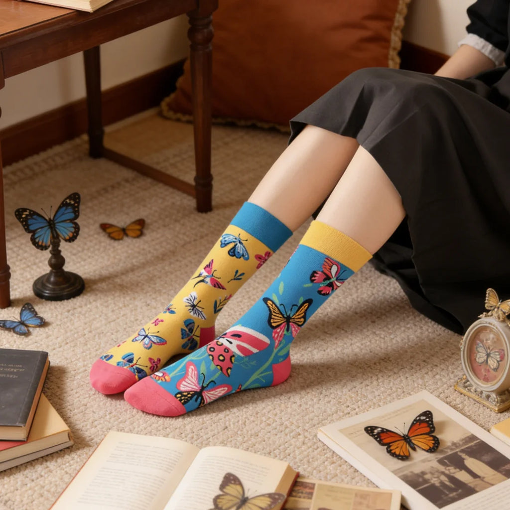 Cotton Blend Butterfly Floral Pattern Mid Calf Socks