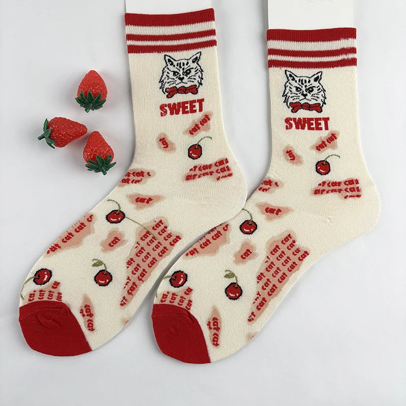 Cotton Blend Cat and Cherry Print Mid Calf Socks