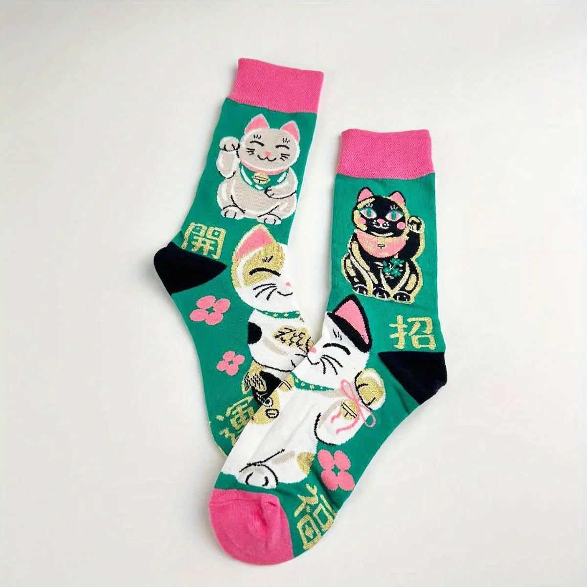 Lucky Fortune Cat Print Cotton Blend Crew Socks