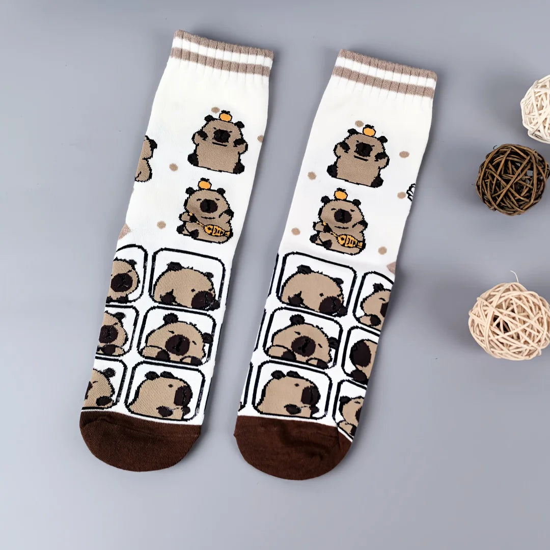 Cotton Blend Capybara Print Mid Calf Socks - 5