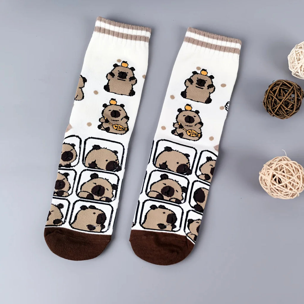 Cotton Blend Capybara Print Mid Calf Socks