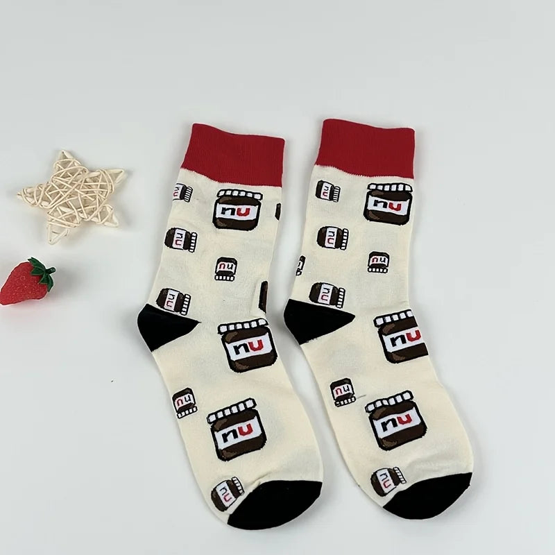 Cotton Blend Nutella Jar Pattern Mid Calf Socks - 6