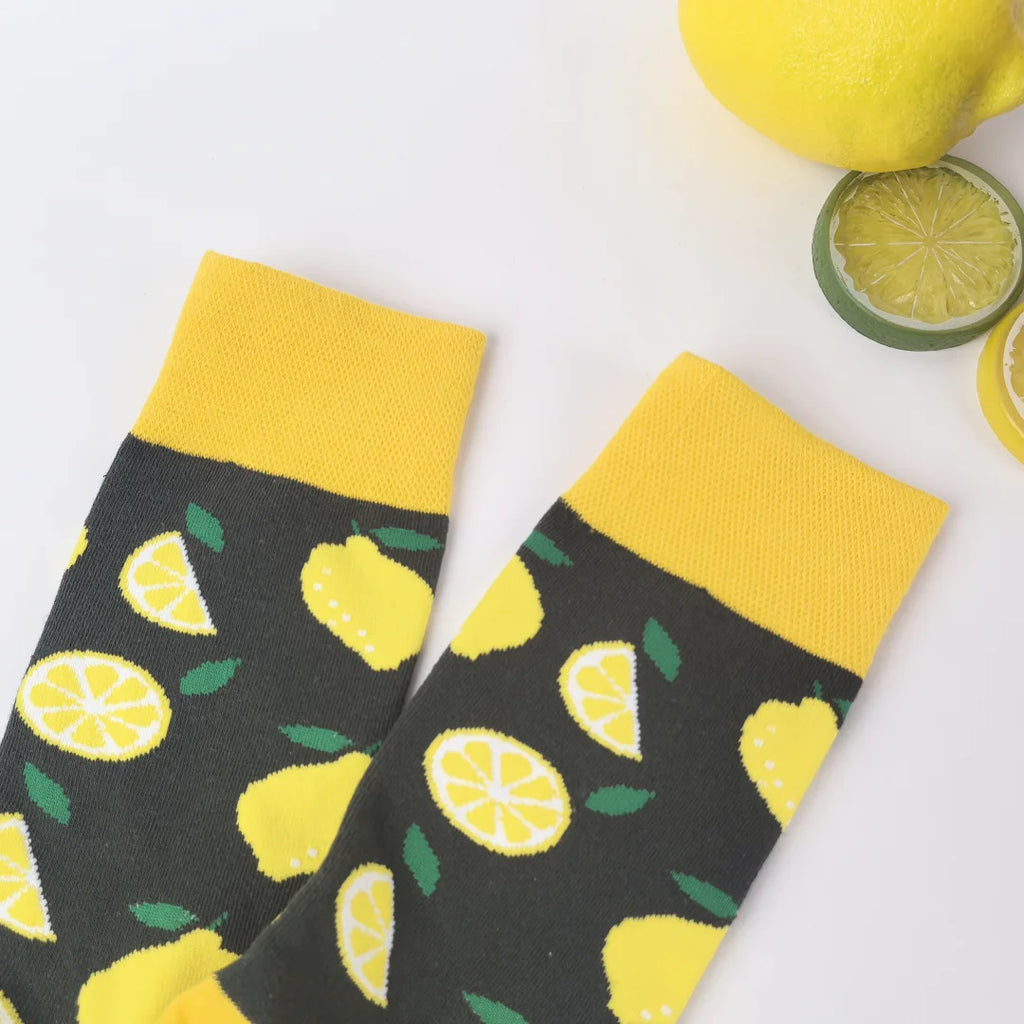 Cotton Blend Lemon Print Mid Calf Socks