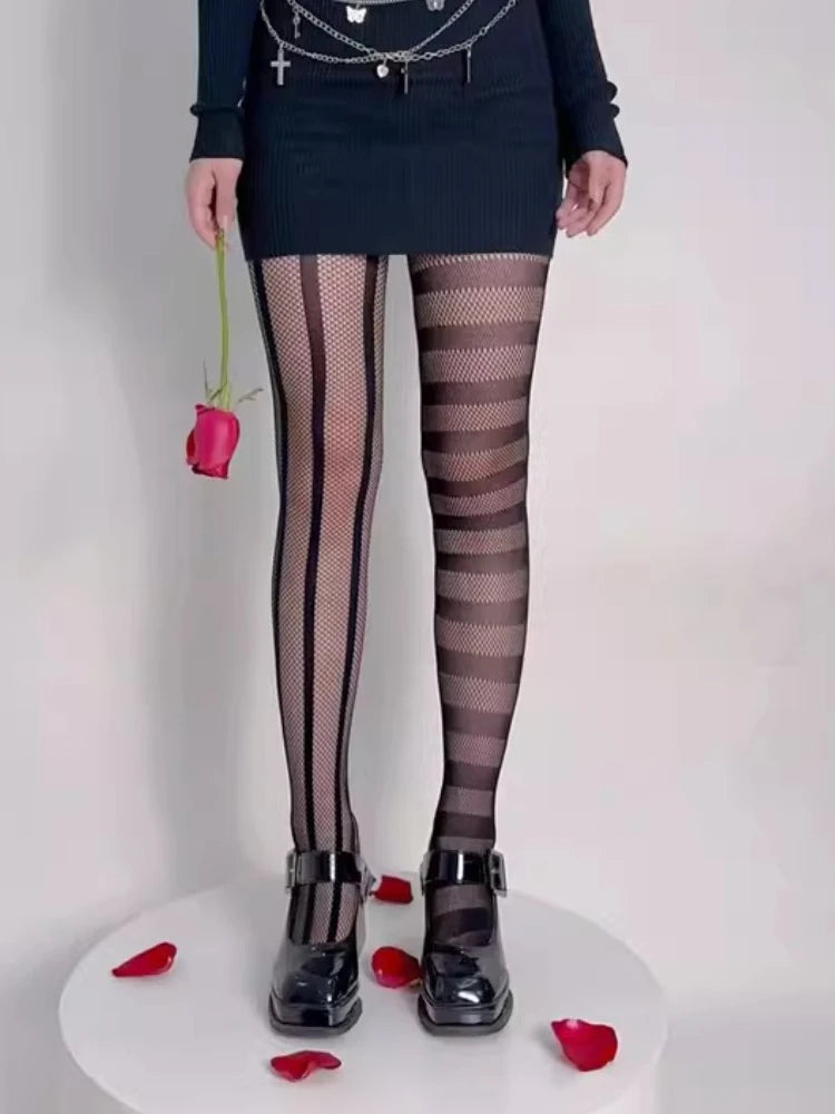 Nylon Asymmetric Striped Mesh Tights - 2