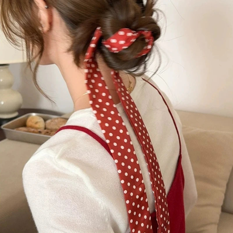 Polka Dot Polyester Long Ribbon Scarf Headband