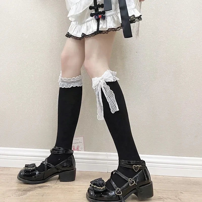 Nylon Lace Bowknot Knee High Socks