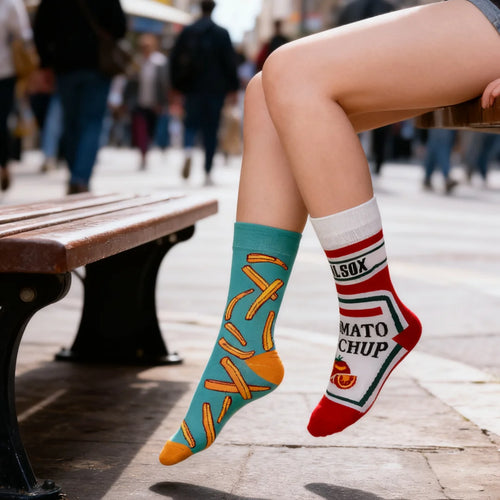 Cotton Blend Asymmetric Tomato and Fries Pattern Mid Calf Socks