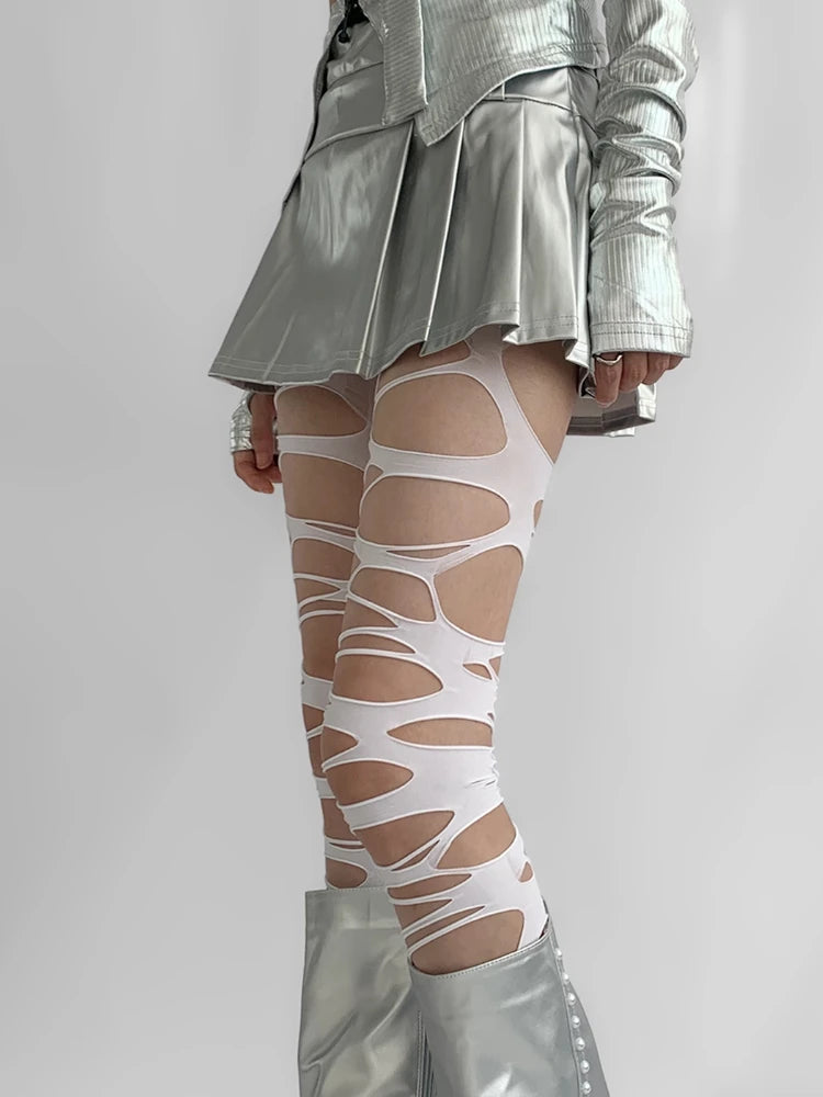Nylon Elastane Hollowed Ripped Tights - 4