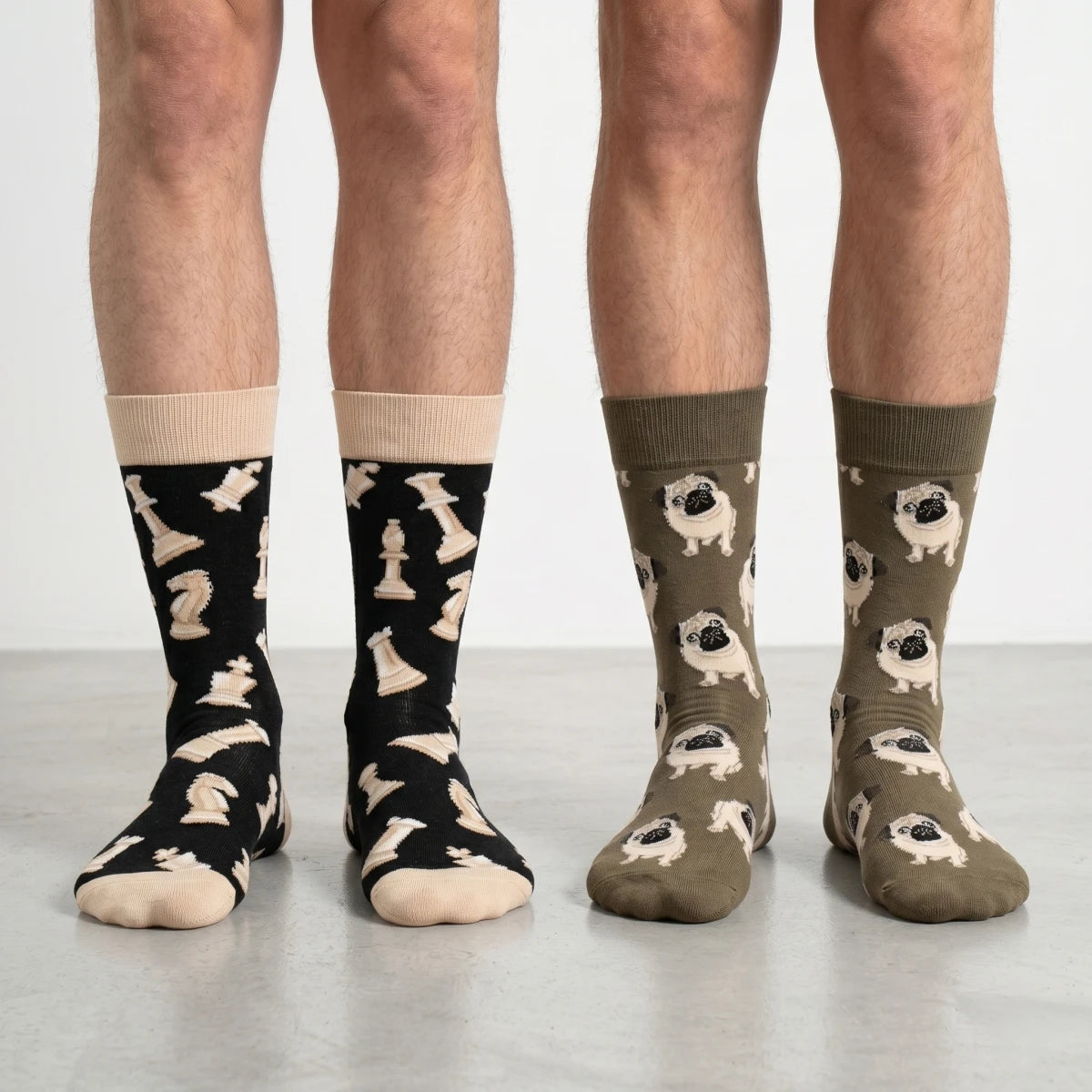Polyester Blend Crew Socks Dog and Chess Pattern