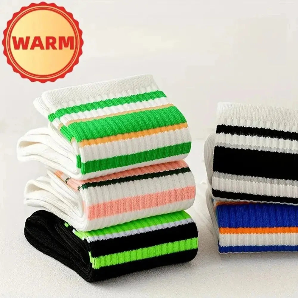Striped Polyester Cotton Blend Casual Crew Socks