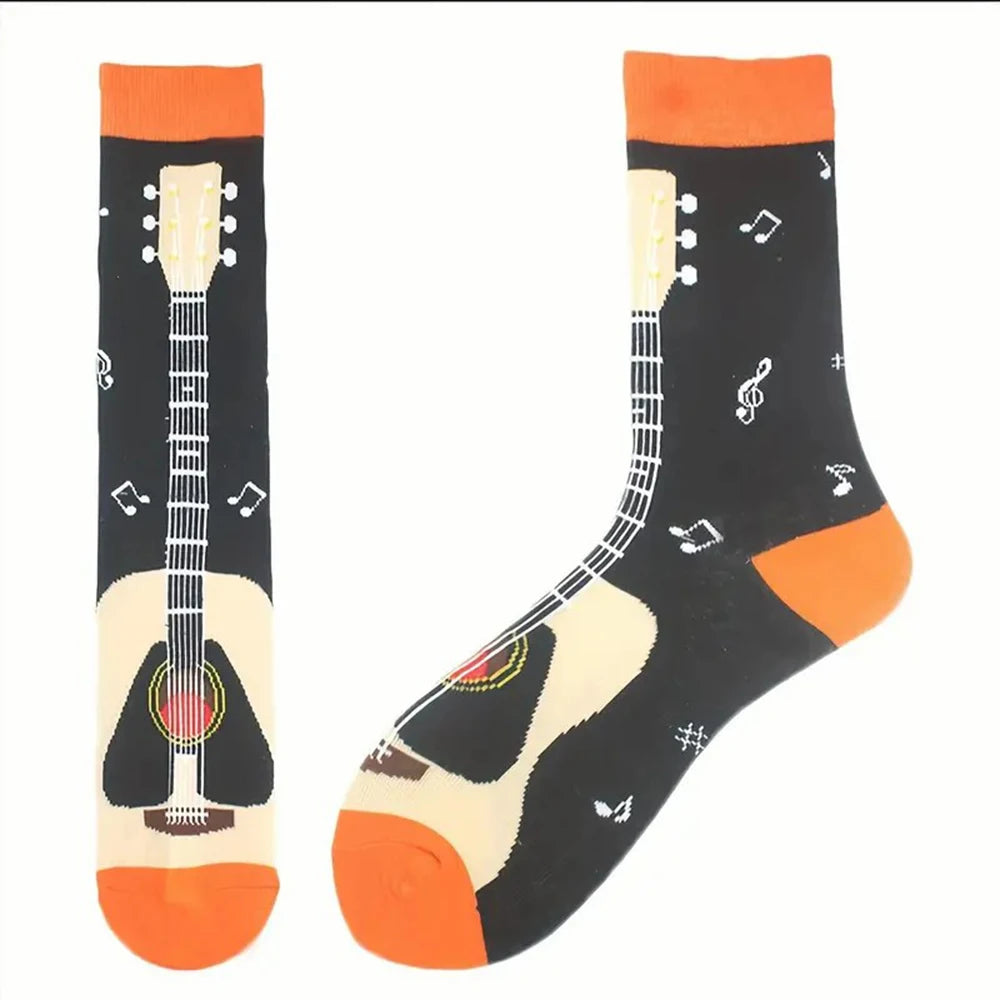 Polyester Elastane Guitar Pattern Crew Socks