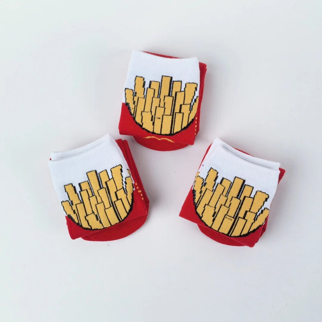 Polyester Elastane French Fries Print Unisex Mid Calf Socks 3 Pack - 2