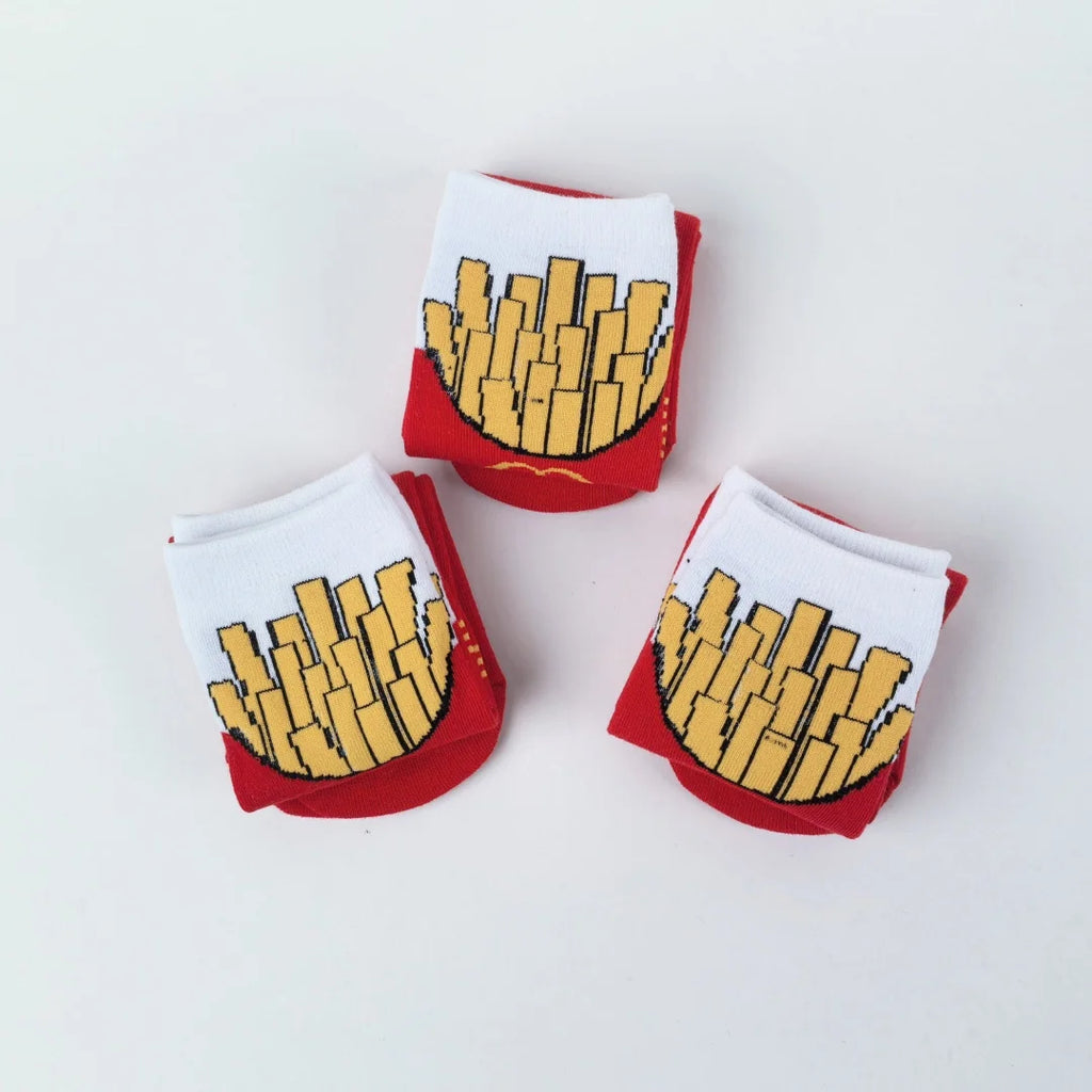 Polyester Elastane French Fries Print Unisex Mid Calf Socks 3 Pack
