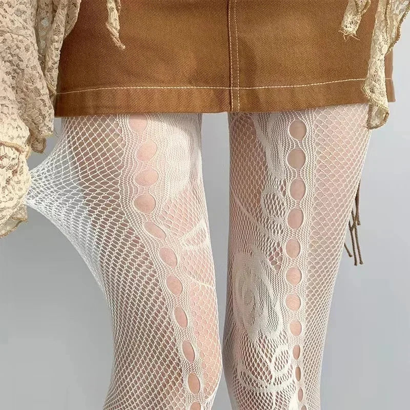Floral Mesh Nylon Thigh High Pantyhose - 10