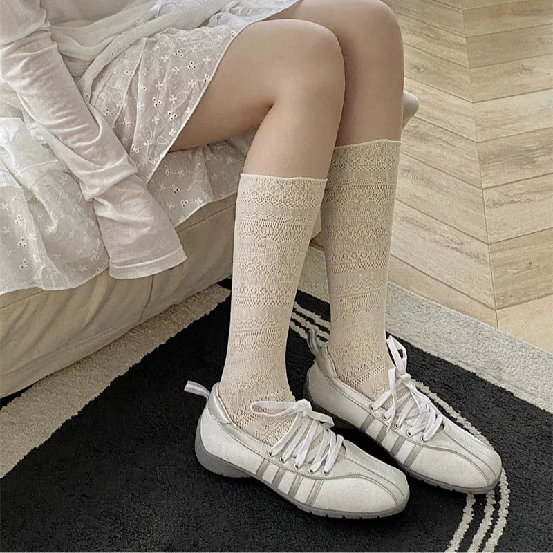 Lace Trimmed Polyester Elastane Casual Mid Tube Socks