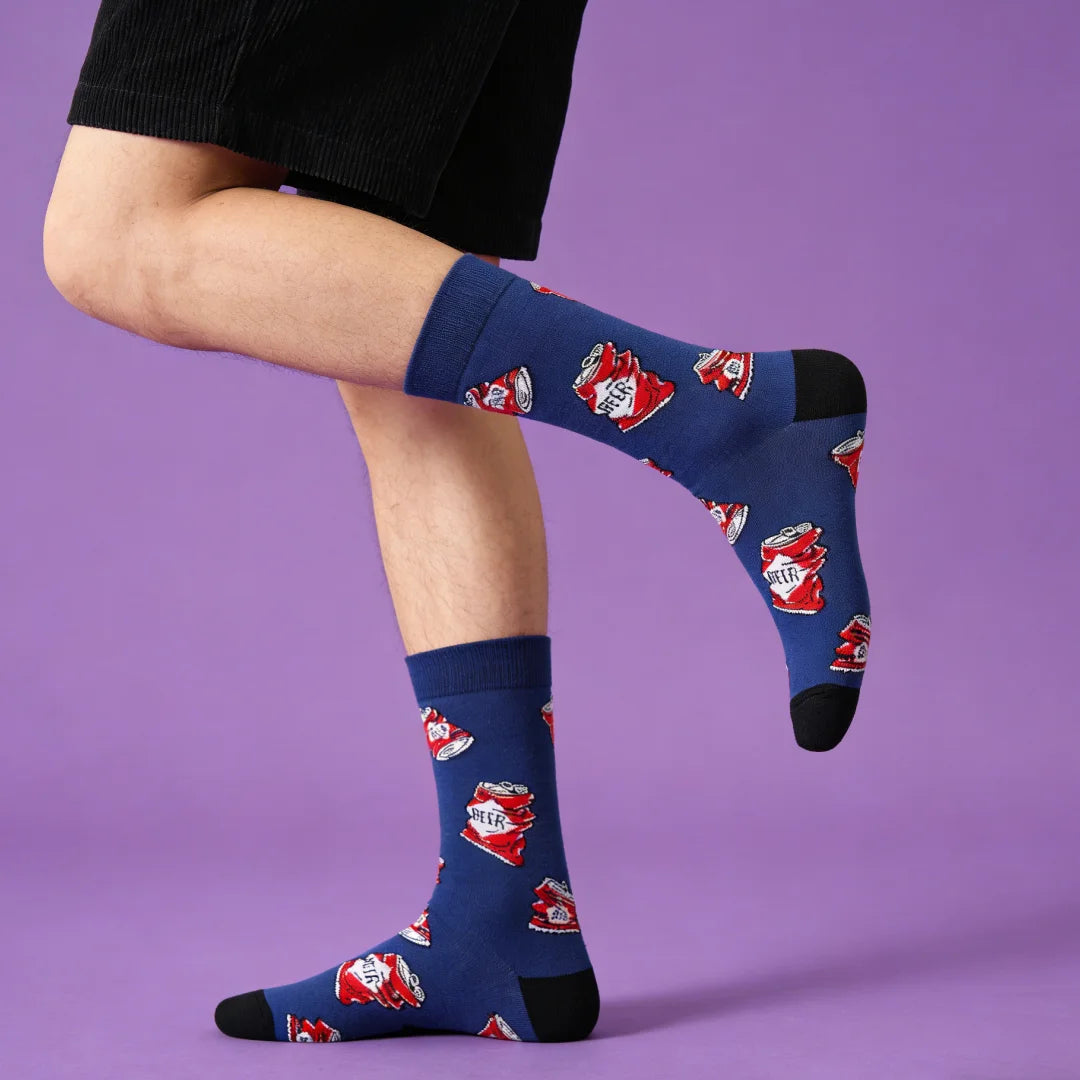 Cotton Blend Beer Print Mid Calf Casual Socks - 2