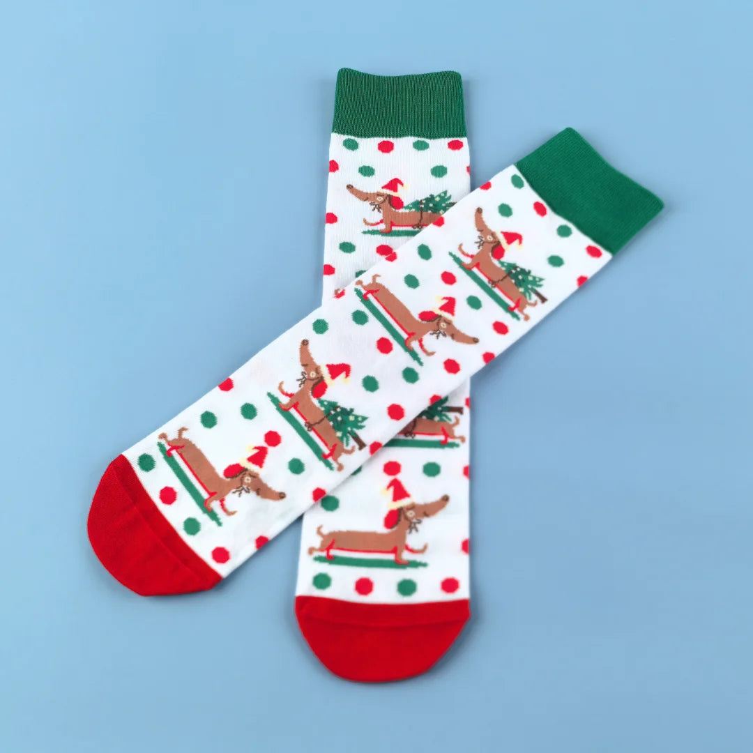 Cotton Blend Dachshund Christmas Pattern Mid Calf Socks - 2
