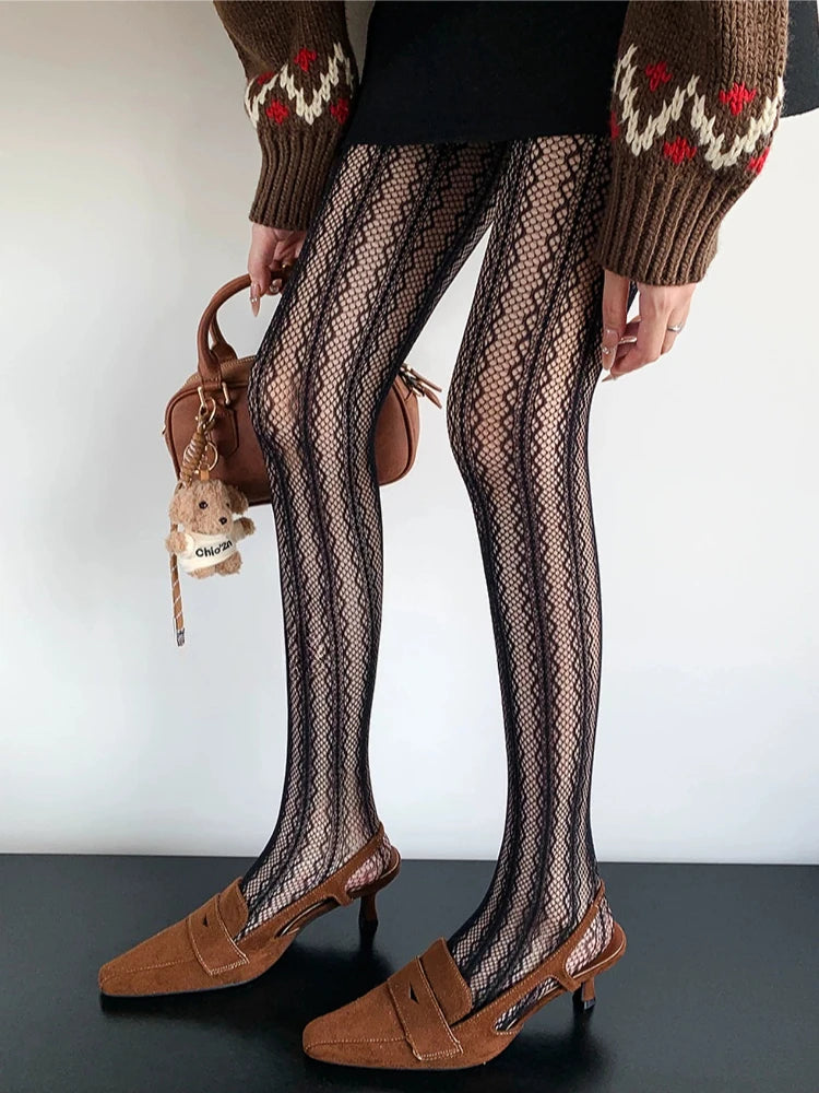 Nylon Elastane Jacquard Mesh Vertical Striped Tights