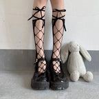 Floral Lace Mesh Stockings With Ribbon Ties