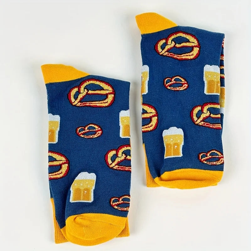 Cotton Blend Beer and Pretzel Print Crew Socks