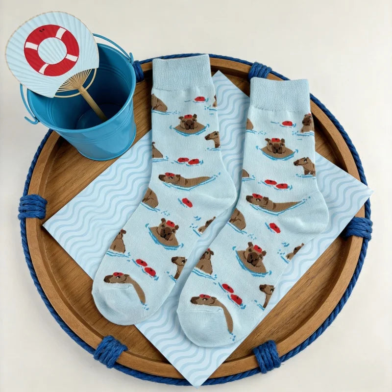 Cotton Blend Capybara Pattern Mid Calf Socks - 6