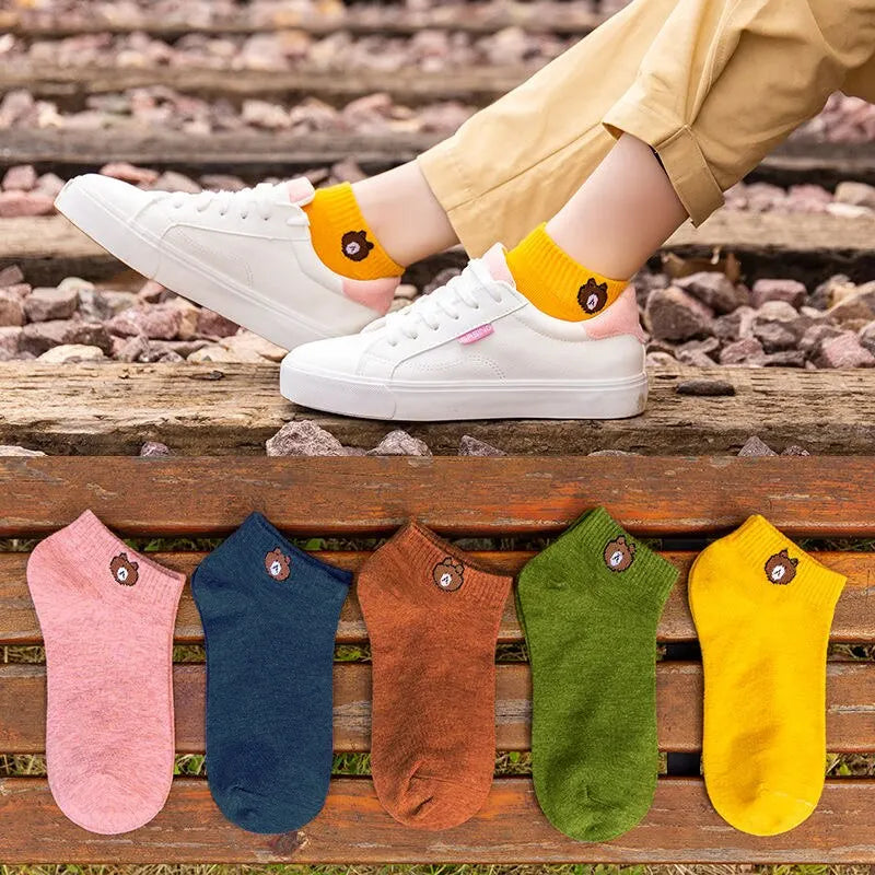 Polyester Elastane Low Tube Ankle Socks Women Bear Pattern Set