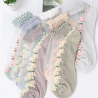 Floral Print Polyester Elastane Low Tube Casual Socks 7 Pairs