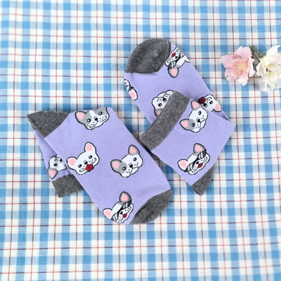 Cotton Blend French Bulldog Print Casual Low Tube Socks
