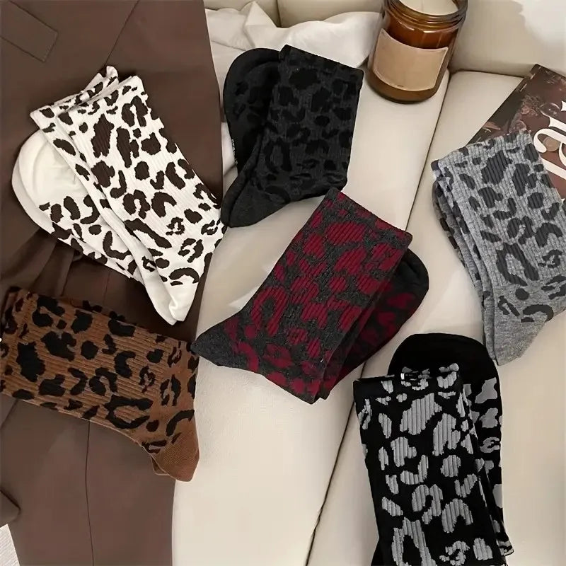 Leopard Print Polyester Spandex Mid Tube Socks 6 Pair Set - 6