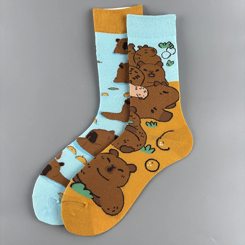 Cotton Blend Capybara Print Mid Calf Socks