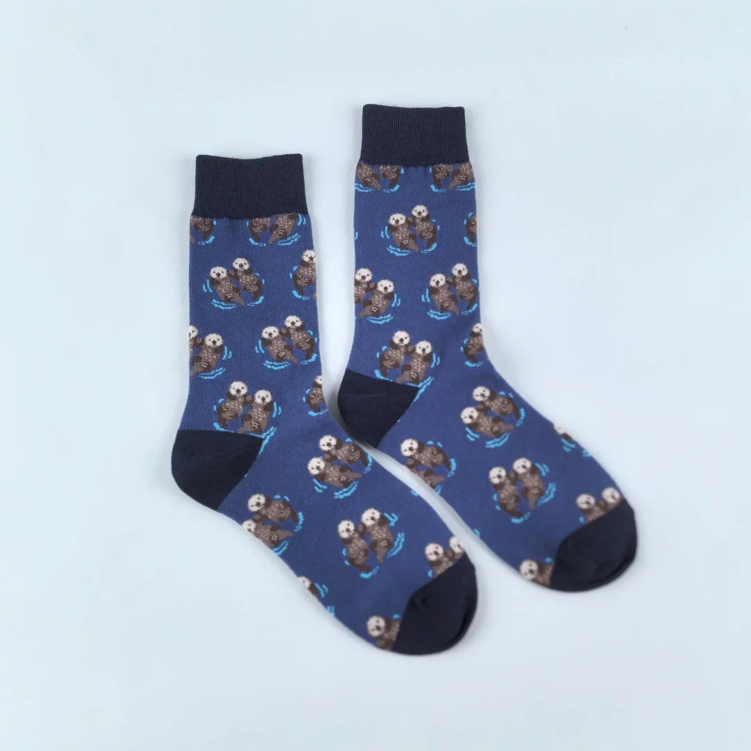 Cotton Blend Otter Print Unisex Mid Calf Socks - 6